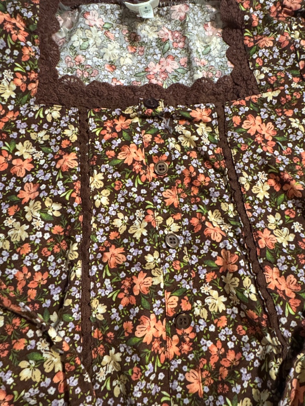 Floral Lace-Trim Long Sleeve Top - Brown Floral - Picture 4 of 9